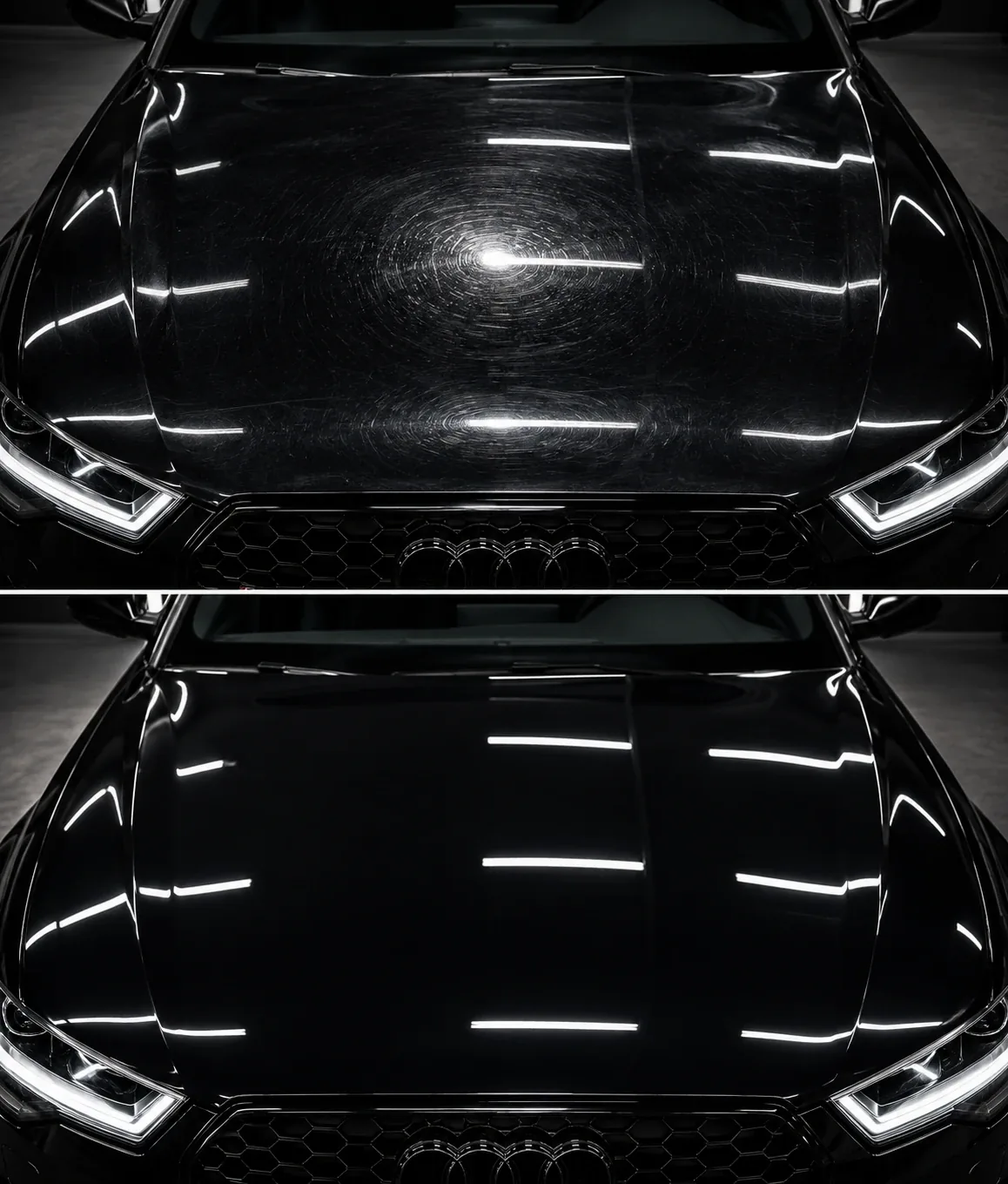 Maska Audi RS6 przed i po korekcie lakieru, usunięcie hologramów i rys.