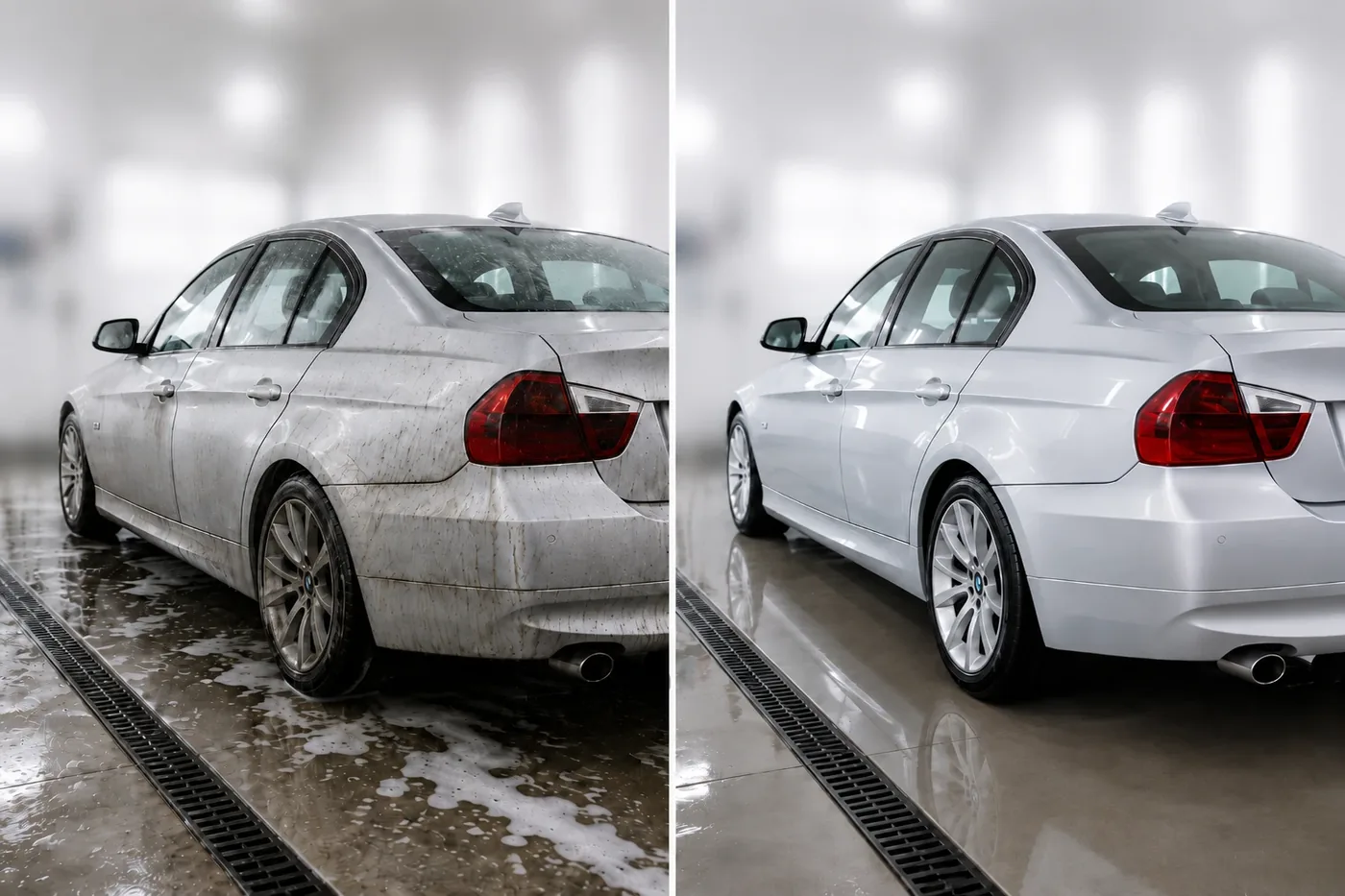 BMW serii 3 przed i po myciu zewnętrznym, usunięcie zabrudzeń z karoserii.