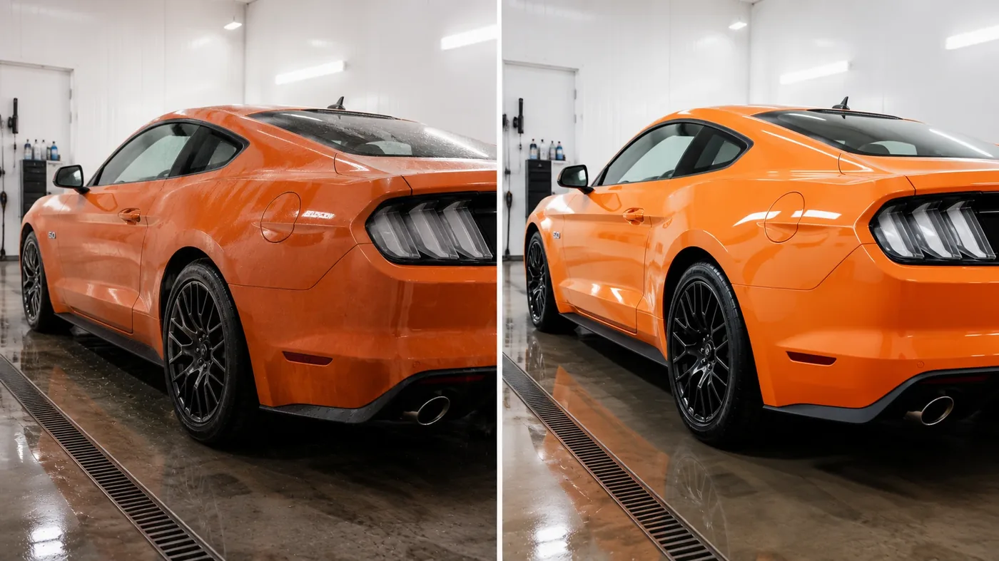 Ford Mustang przed i po nałożeniu syntetycznego wosku ochronnego.