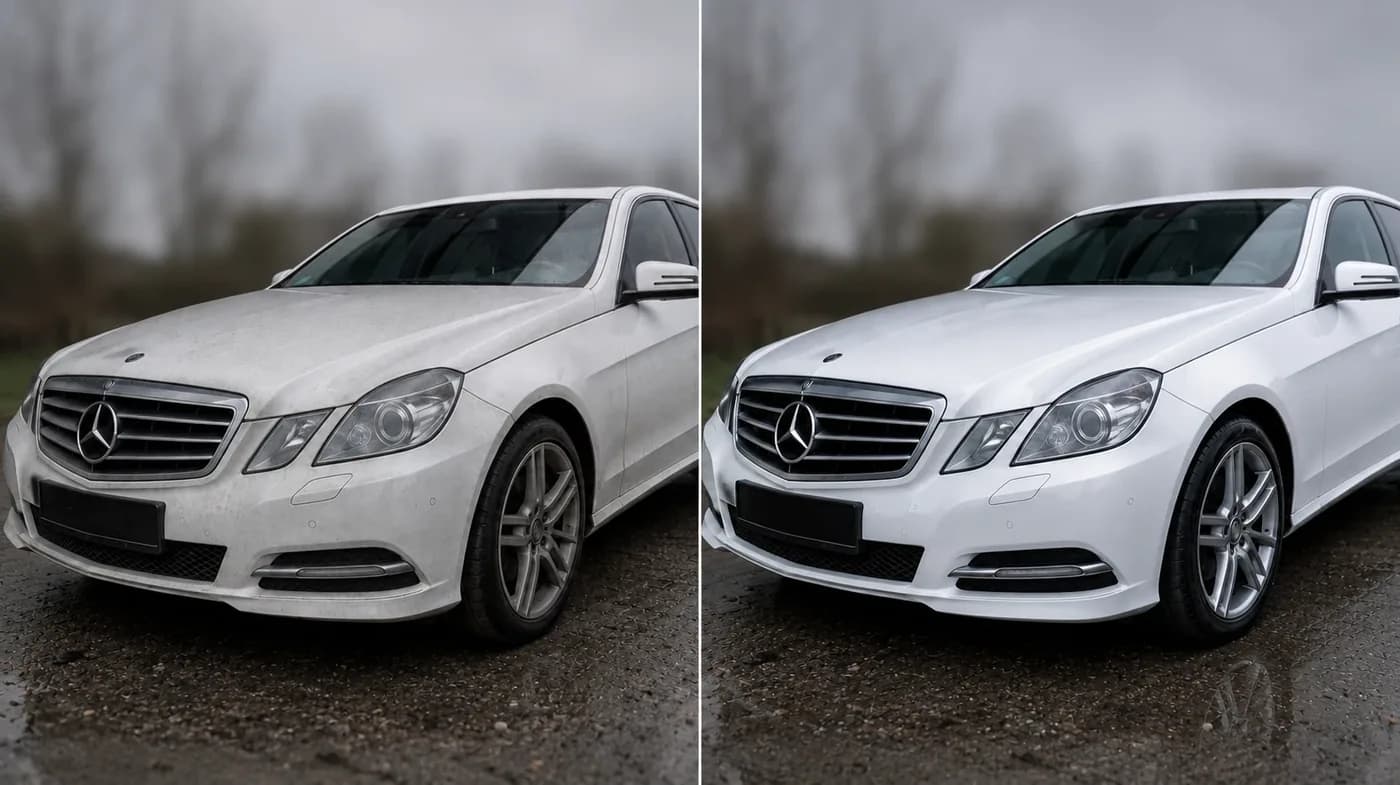 Mercedes klasy E przed i po myciu z nabłyszczaniem lakieru.