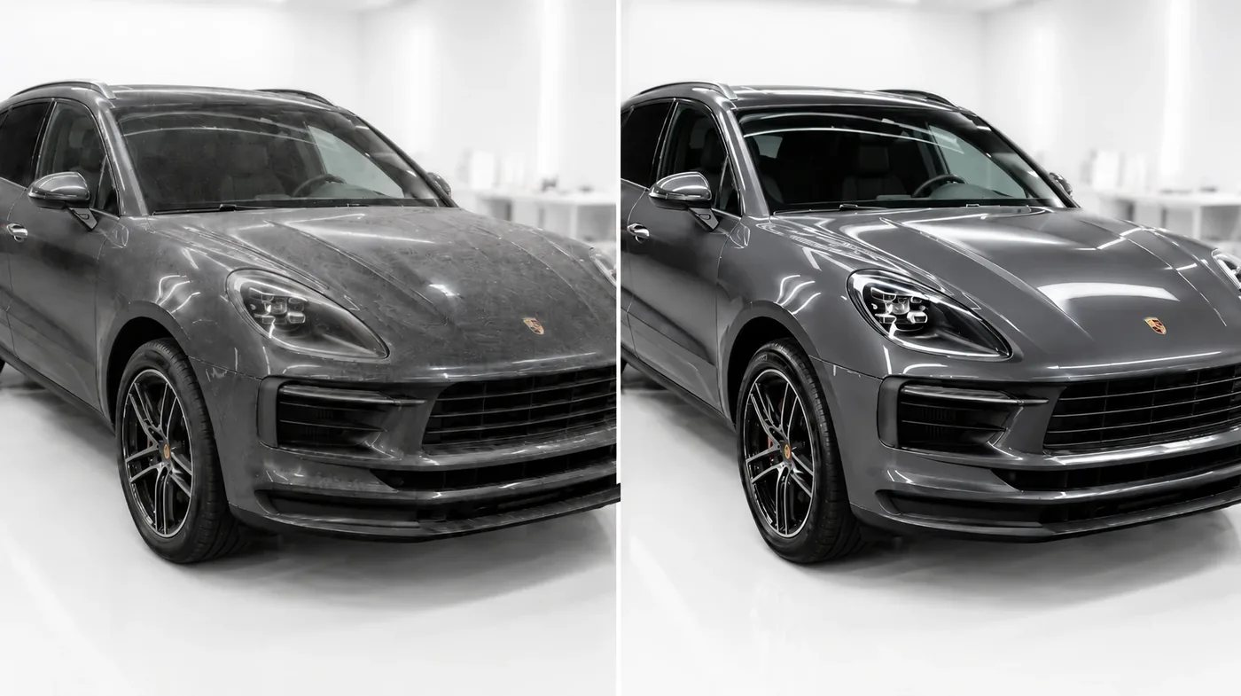 Porsche Macan przed i po nałożeniu powłoki ceramicznej, głęboki połysk lakieru.