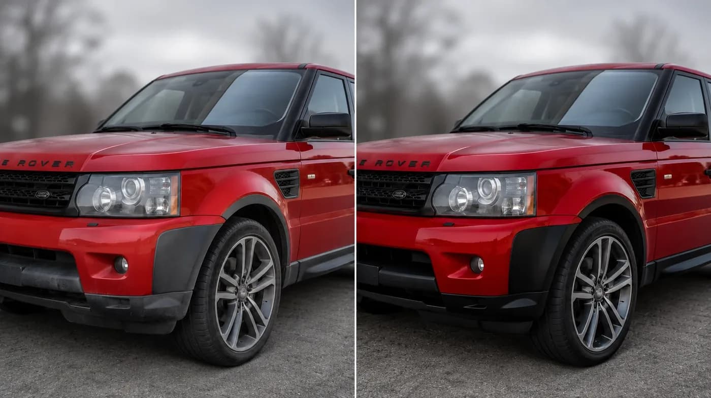 Range Rover Sport przed i po permanentnym czarnieniu plastików zewnętrznych.