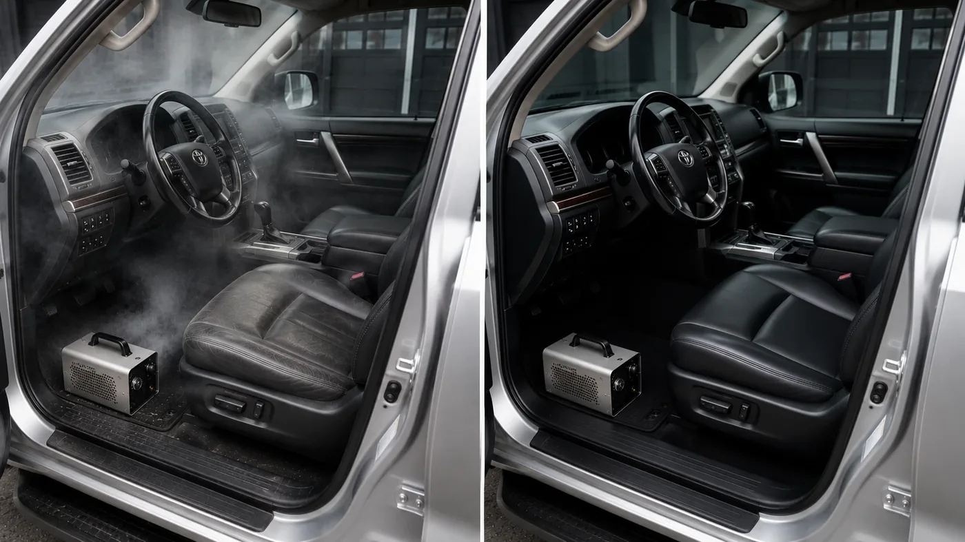Wnętrze Toyoty Land Cruiser podczas ozonowania i dezynfekcji kabiny.