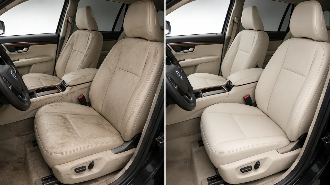 Fotele Volvo XC90 przed i po praniu tapicerki, usunięcie zabrudzeń ze skóry.