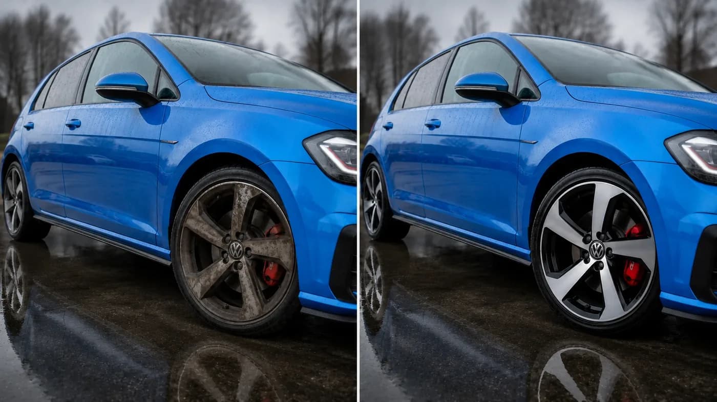Felga Volkswagena Golfa GTI przed i po czyszczeniu, usunięcie osadu z hamulców.
